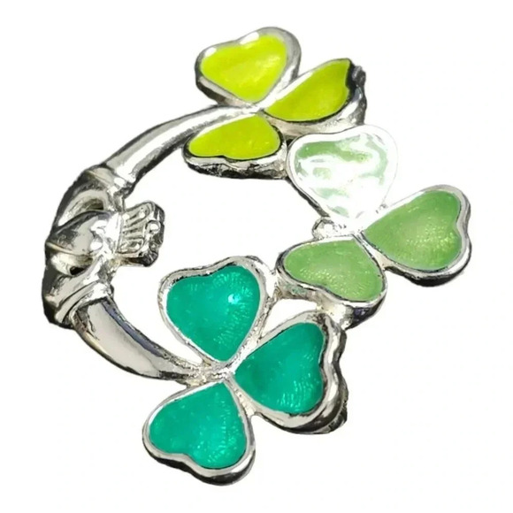 Green Enamel Silver Tone Lucky Shamrock Claddagh Irish Celtic Brooch - Picture 2 of 4
